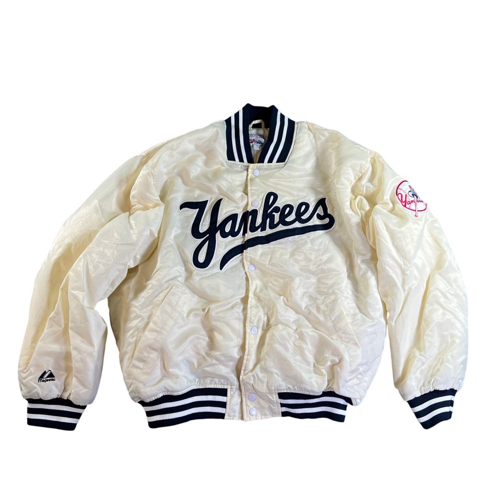 Vintage Majestic New York Yankees Varsity Jacket Mens XL Cream MLB Satin Bomber‎